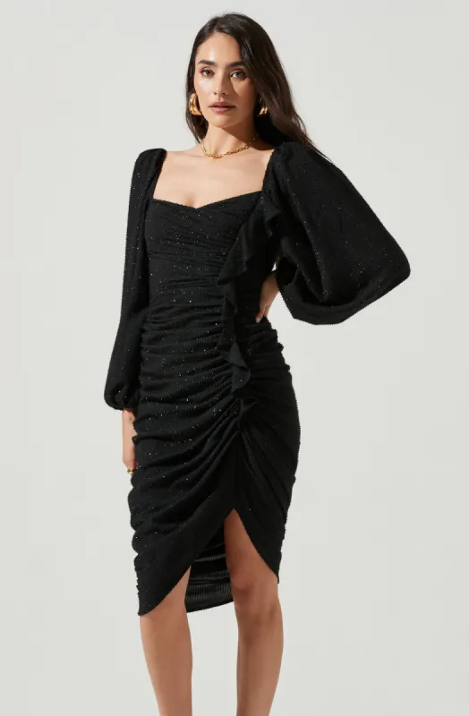 Athens Ruched Puff Sleeve Shimmer Midi Dress made by Astr