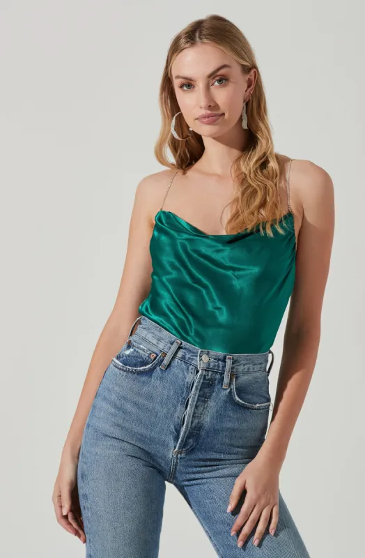 Vita Satin Cowl Neck Rhinestone Strap Top made by Astr