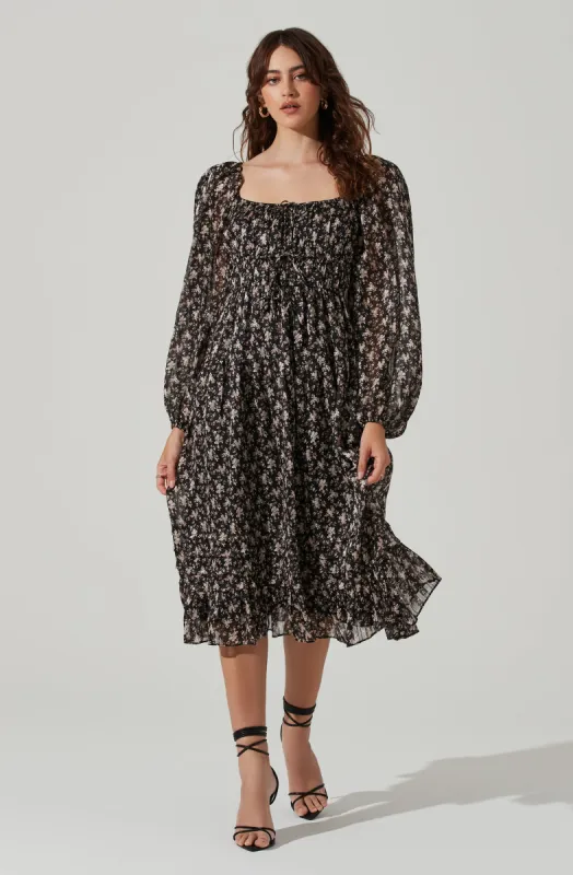Floral Ruched Bust Long Sleeve Midi Dress sold by Astr