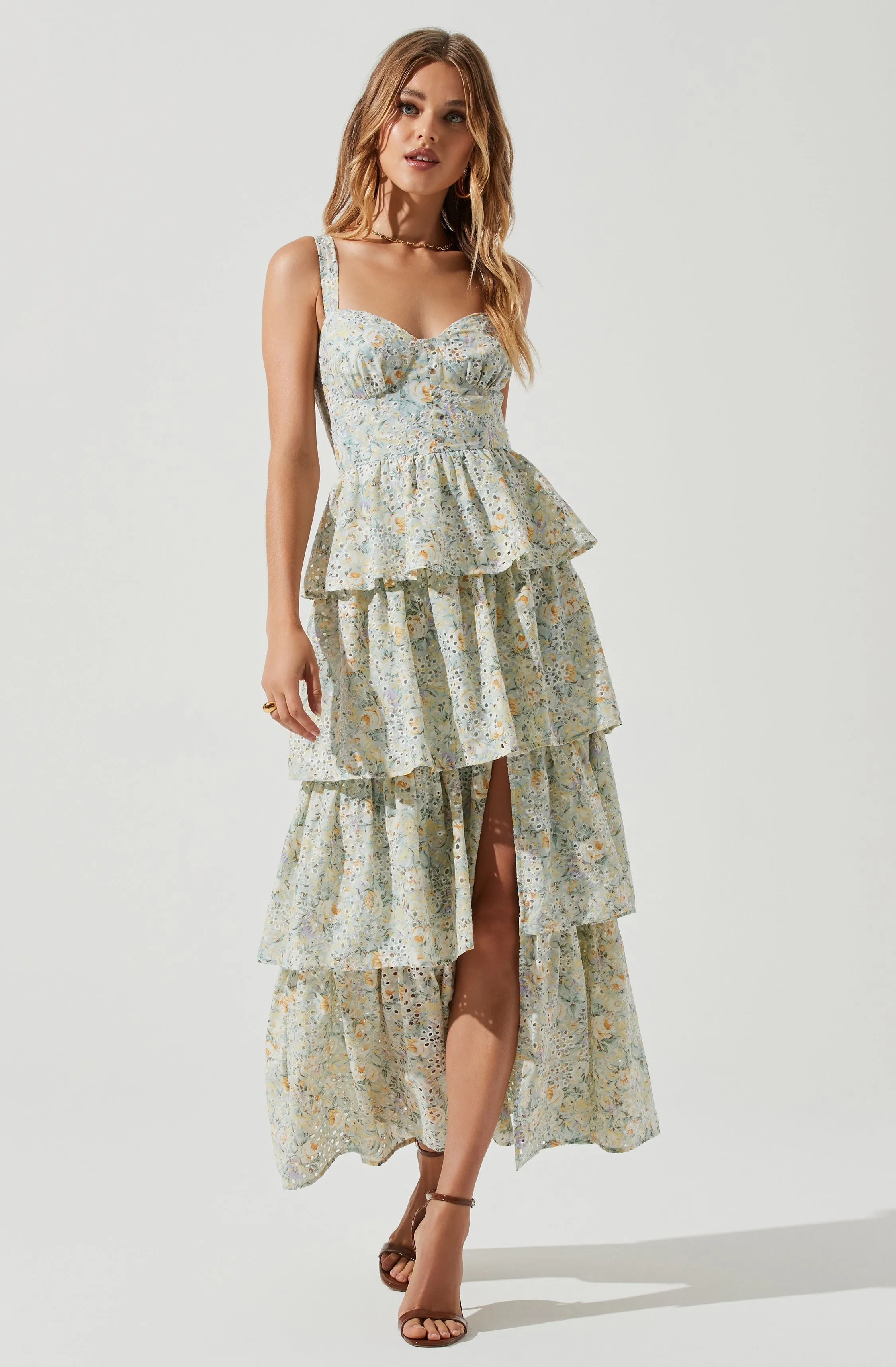 Midsummer Eyelet Tiered Floral Maxi Dress sold by Astr