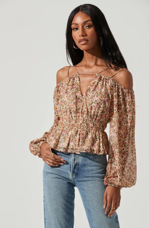 Hart Floral Cold Shoulder Cutout Peplum Top made by Astr