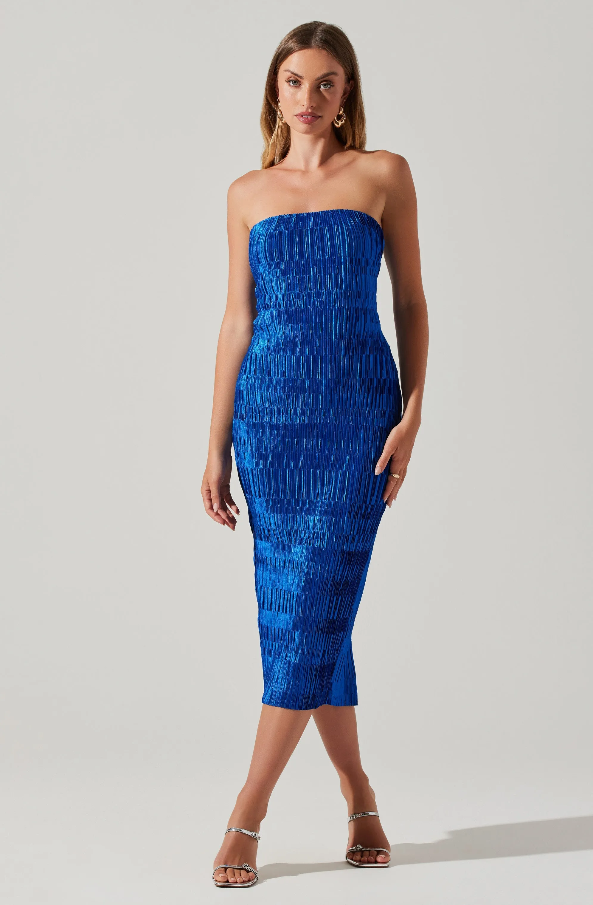 Reine Strapless Plisse Midi Dress sold by Astr
