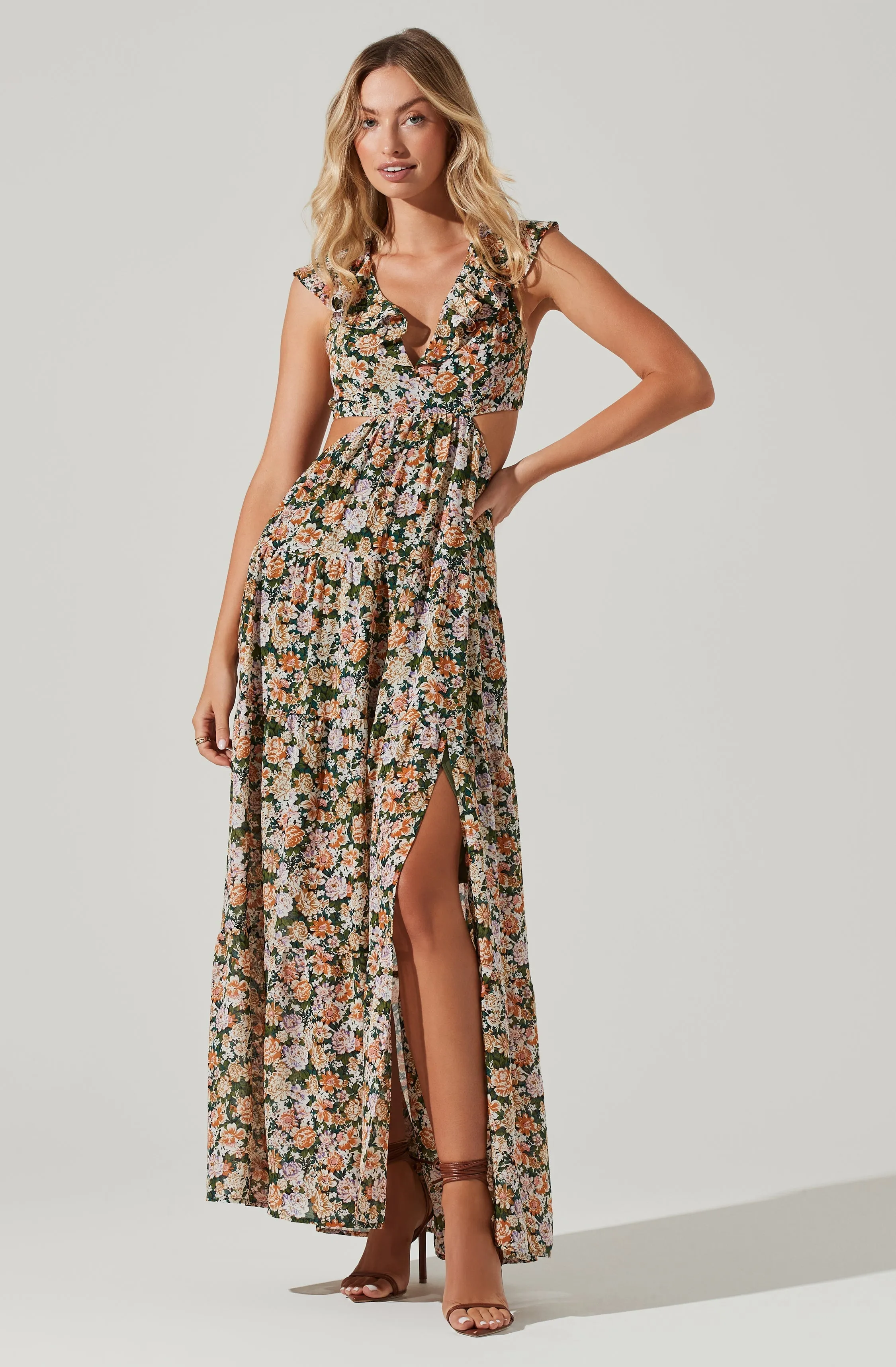 Floral Ruffle Cutout Maxi Dress sold by Astr
