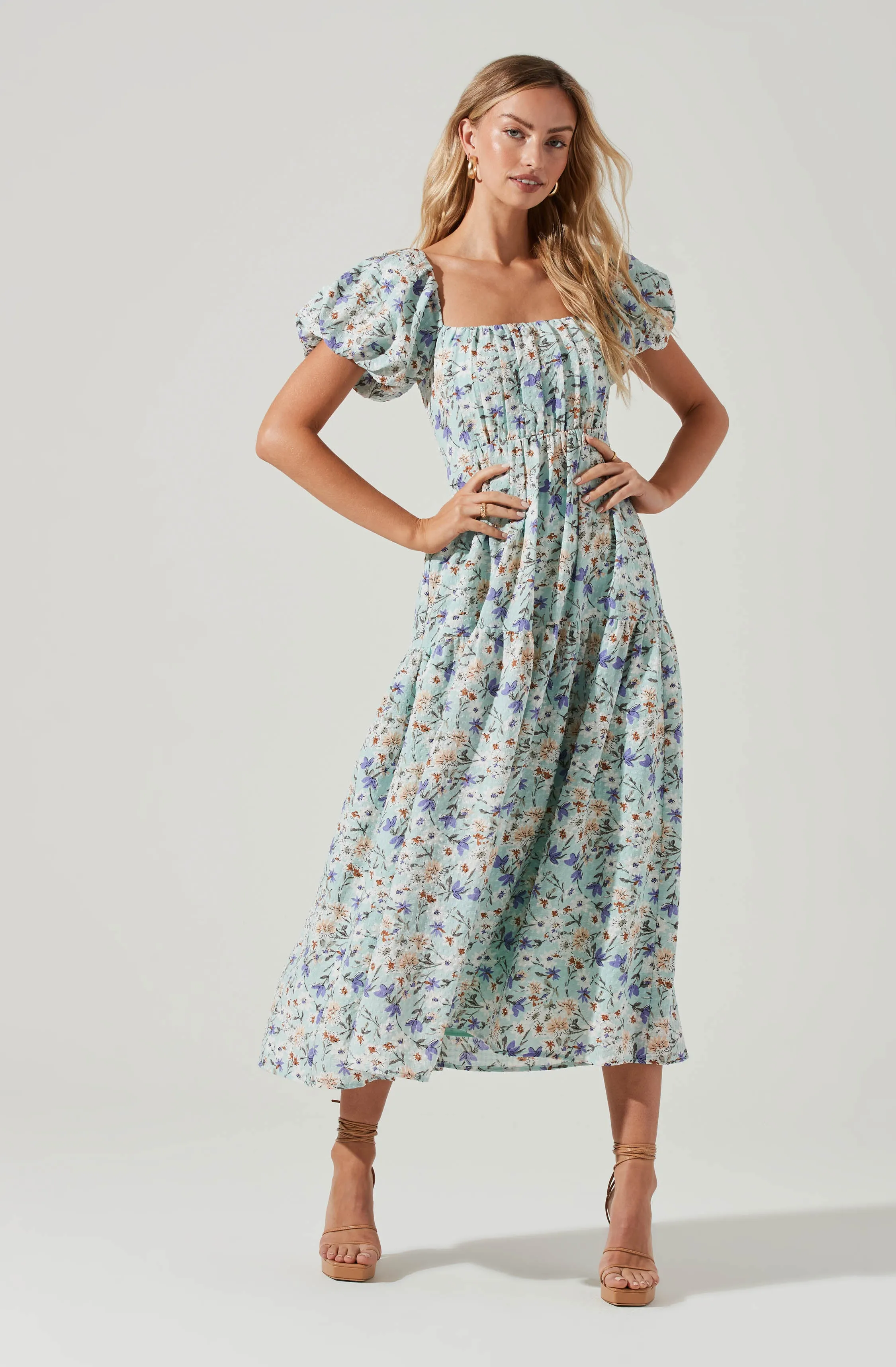 Bubble Sleeve Floral Tiered Midi Dress sold by Astr