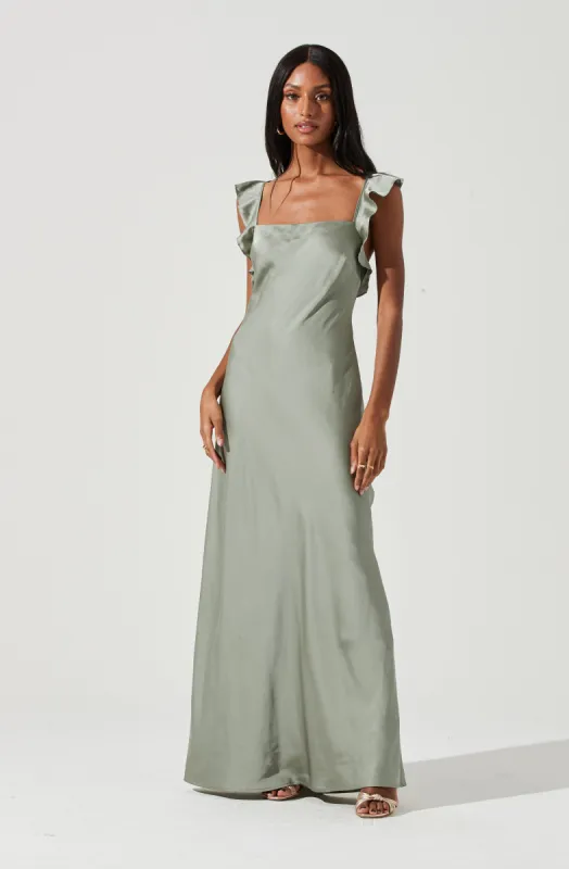 Bryna Ruffle Strap Satin Maxi Dress sold by Astr