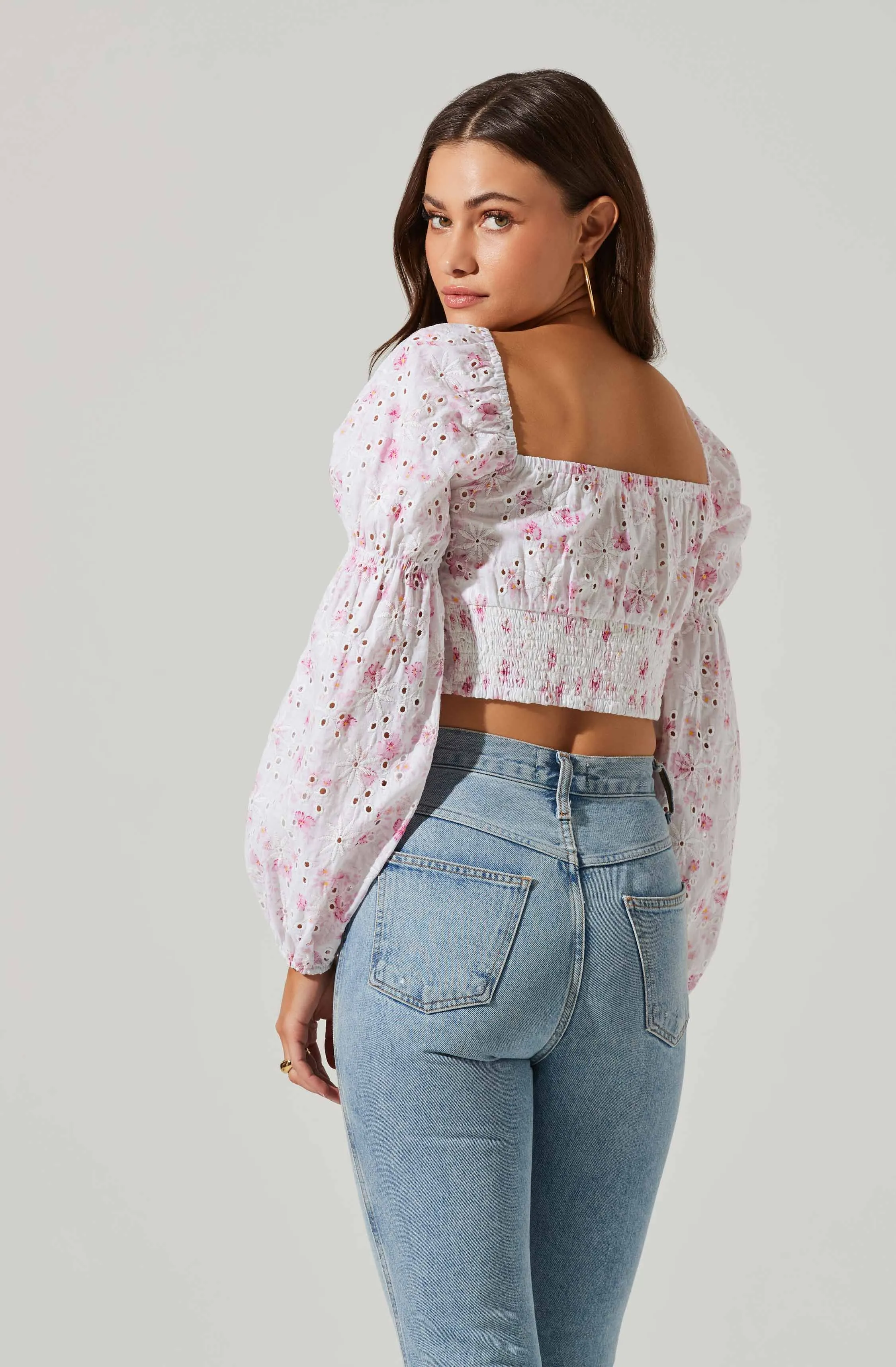 Valo Floral Eyelet Long Sleeve Crop Top sold by Astr product image thumbnail 4