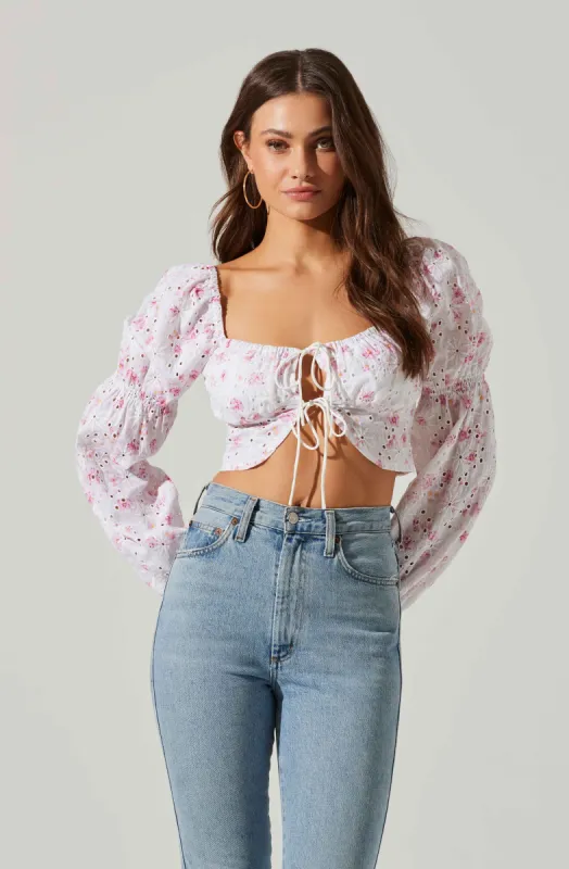 Valo Floral Eyelet Long Sleeve Crop Top made by Astr