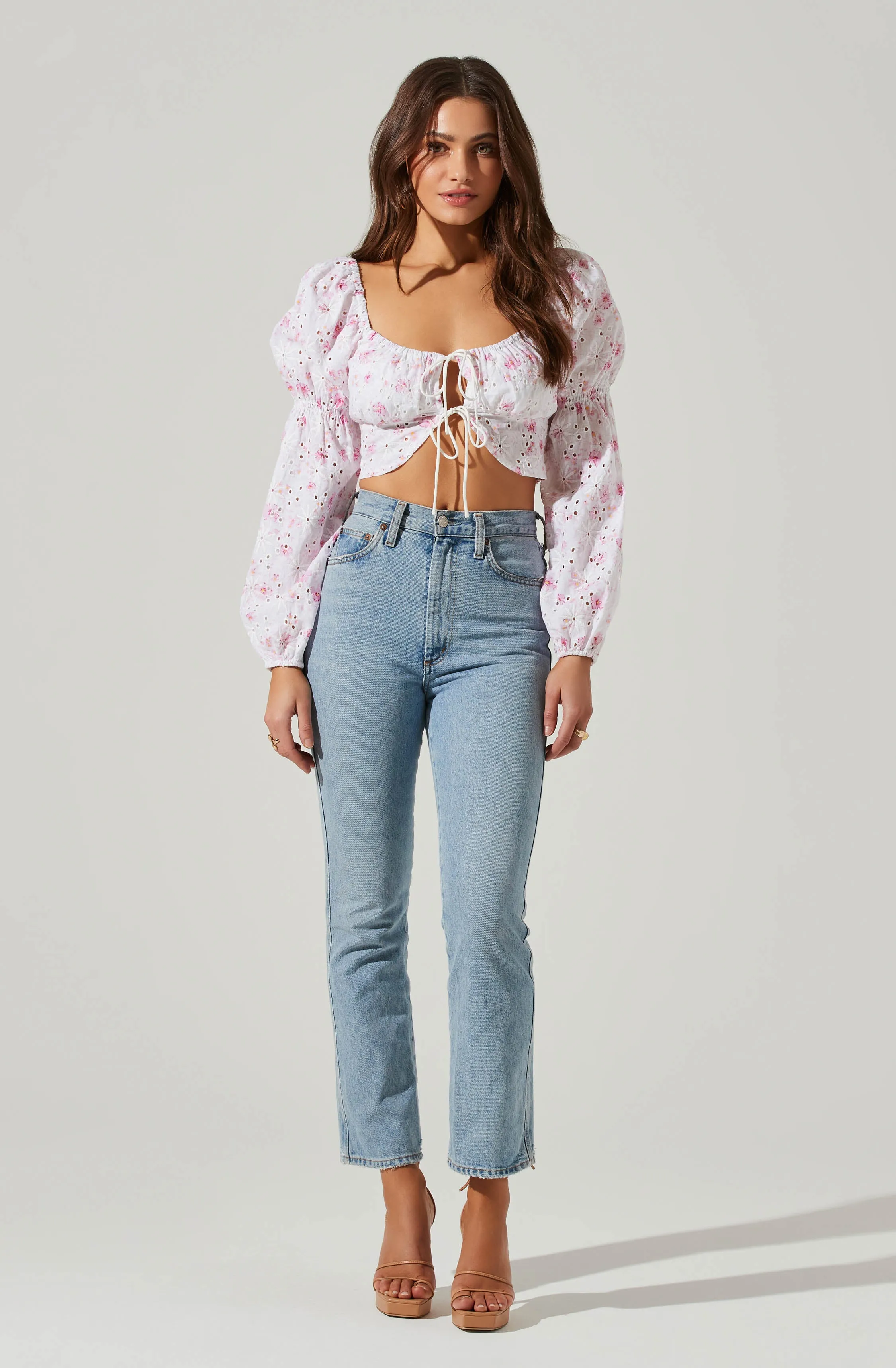 Valo Floral Eyelet Long Sleeve Crop Top sold by Astr product image thumbnail 2