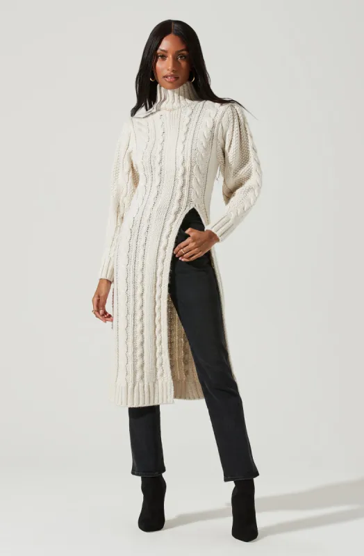 Evangelina Cable Knit Turtleneck Hi Slit Sweater sold by Astr