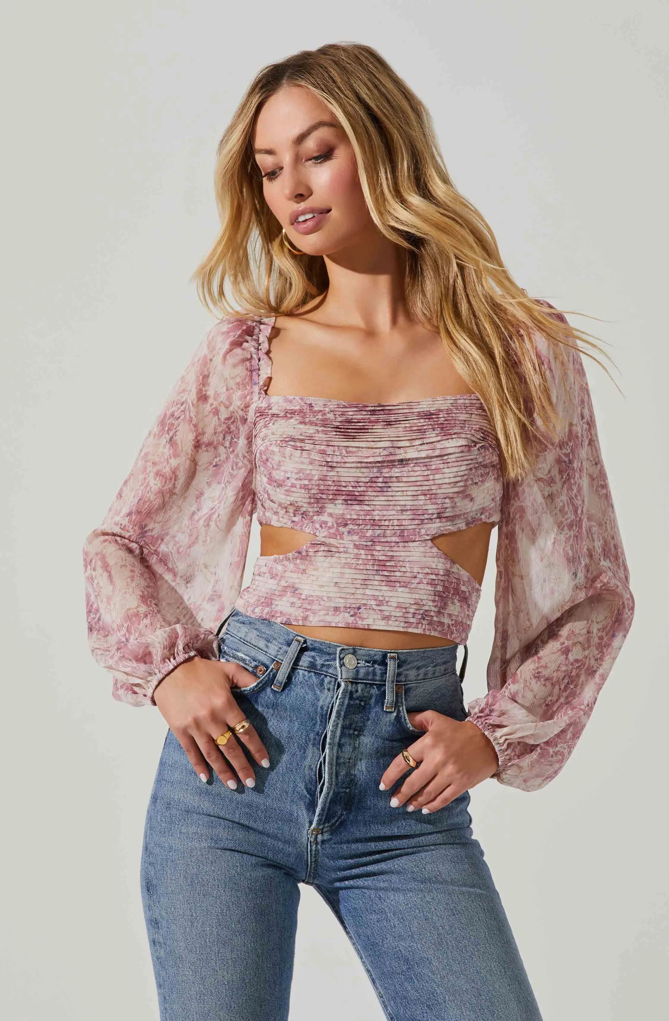 Savita Abstract Print Ruched Cutout Top sold by Astr