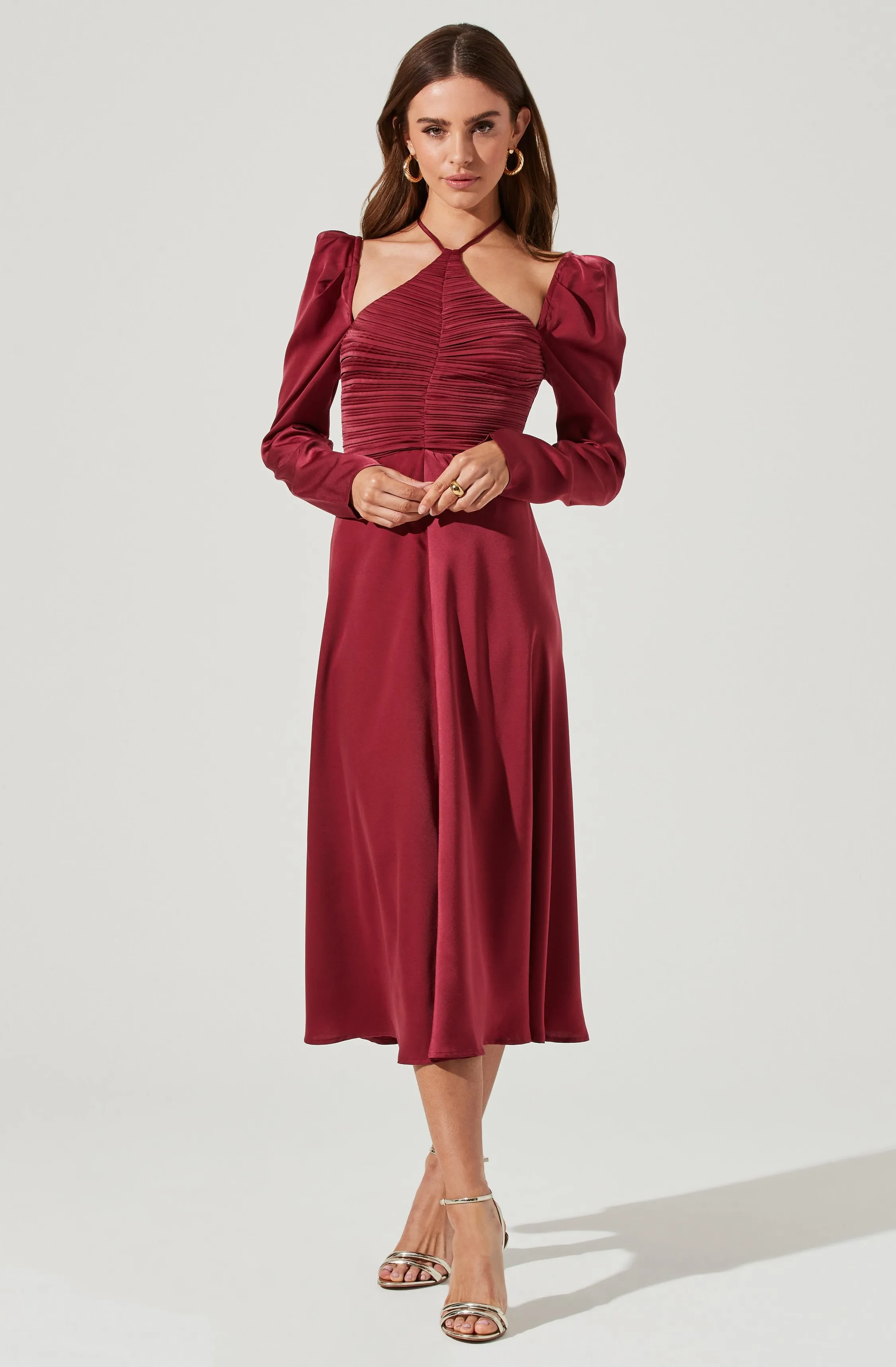 Cinched Halter Tie Satin Midi Dress sold by Astr