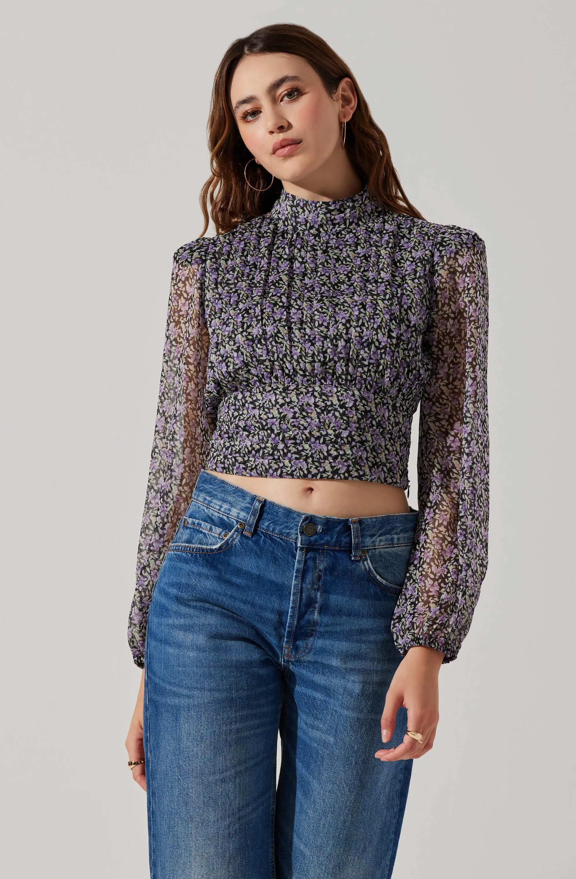 Floral Puff Sleeve Mock Neck Top sold by Astr