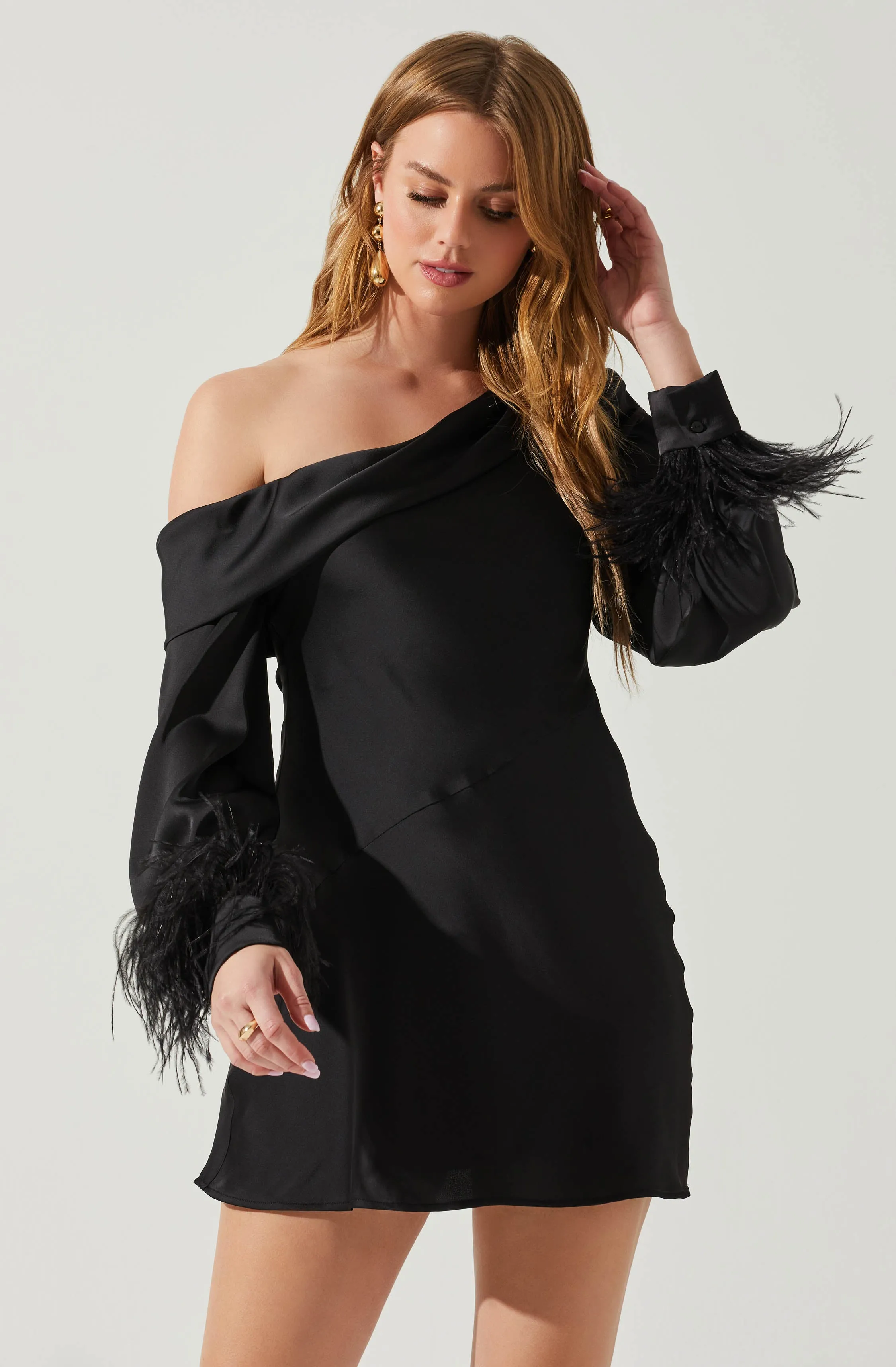 Augusta Off Shoulder Feather Trim Mini Dress sold by Astr product image thumbnail 4
