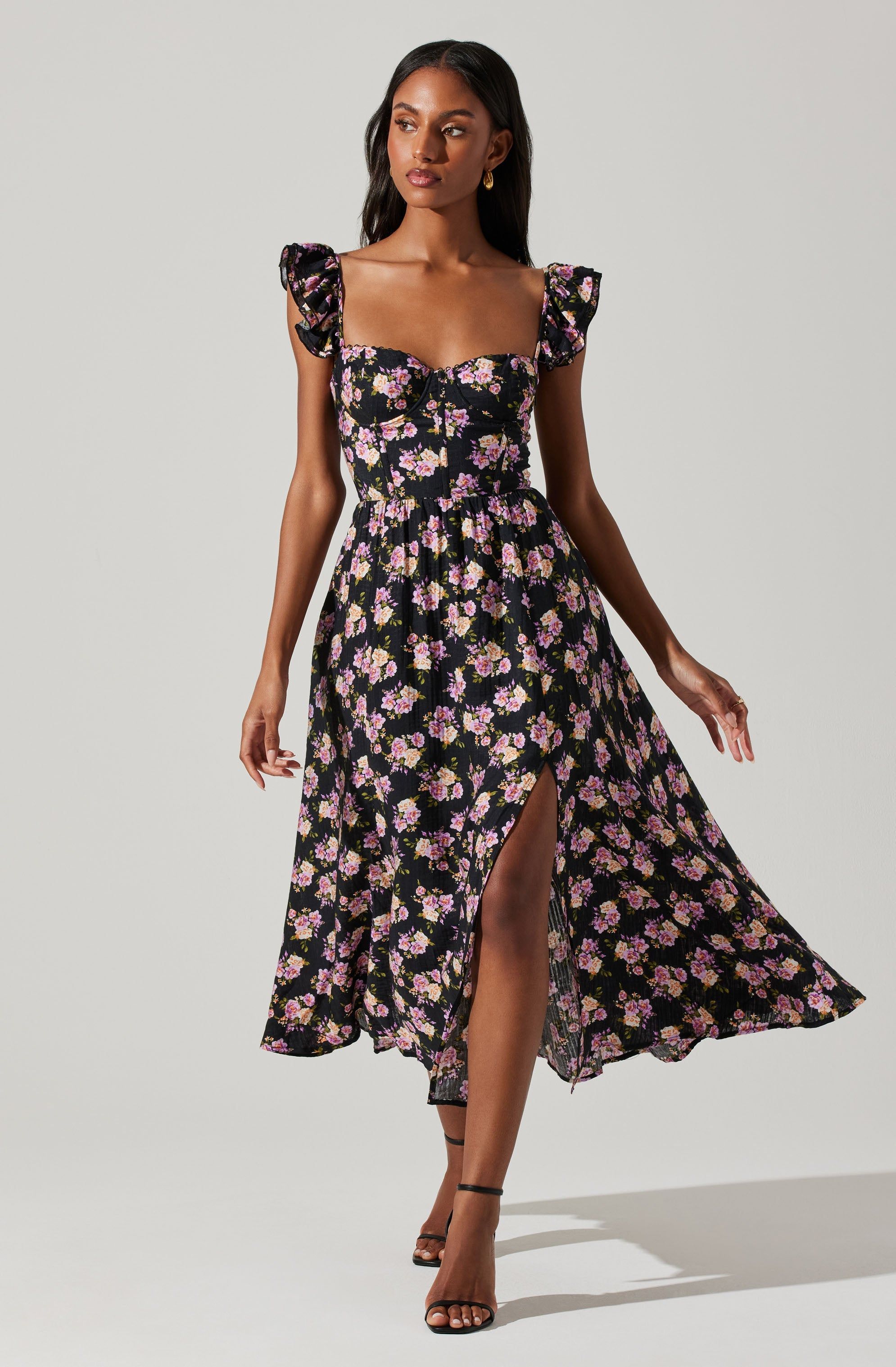 Wedelia Floral Bustier Ruffle Midi Dress sold by Astr