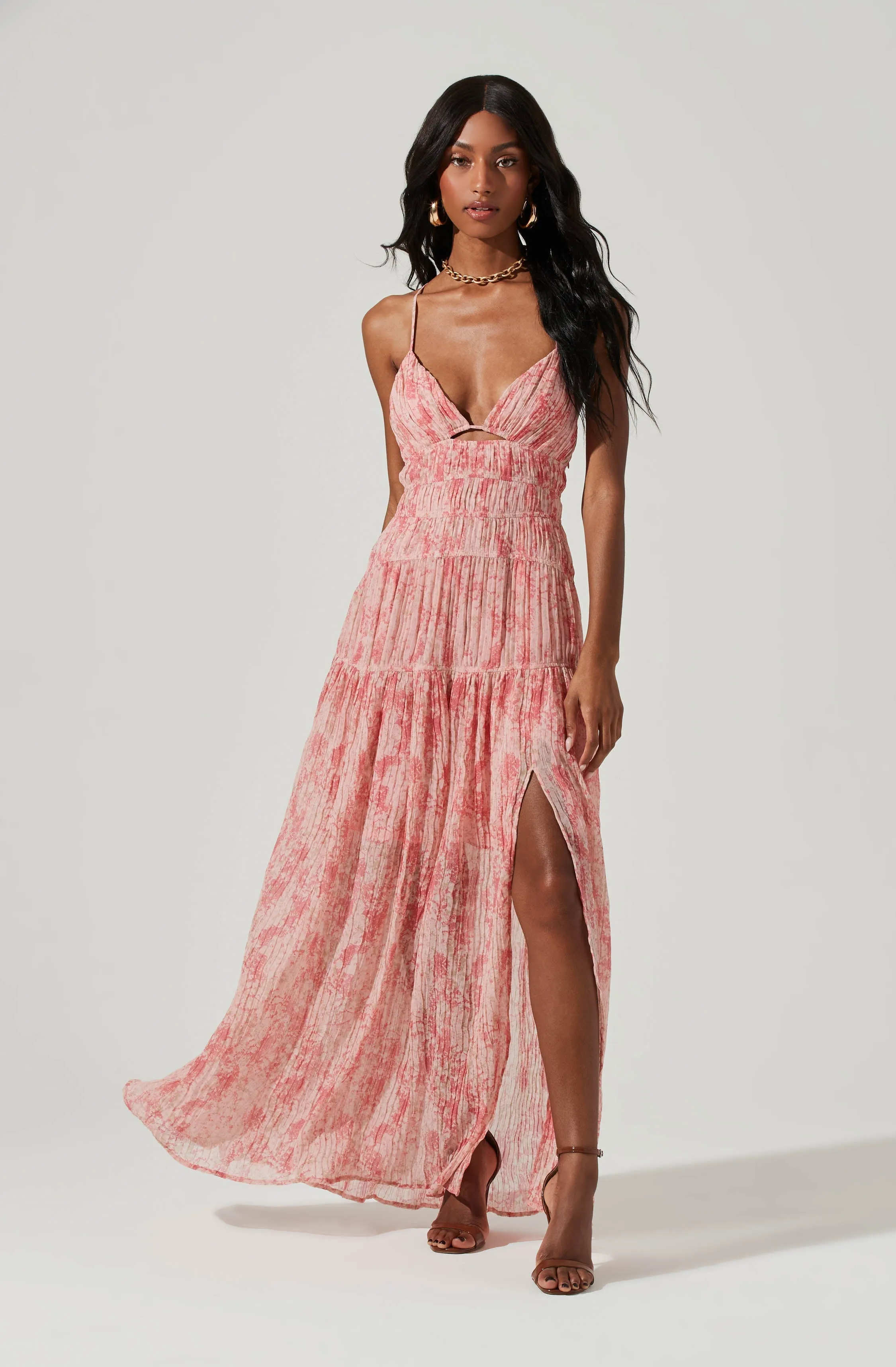 Tropics Plunge Neck Pleated Open Back Maxi Dress sold by Astr