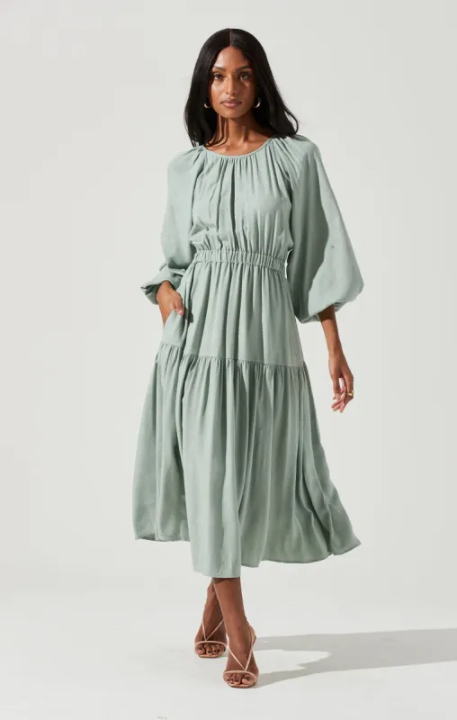 Long Sleeve Cinched Cutout Waist Tiered Midi Dress sold by Astr