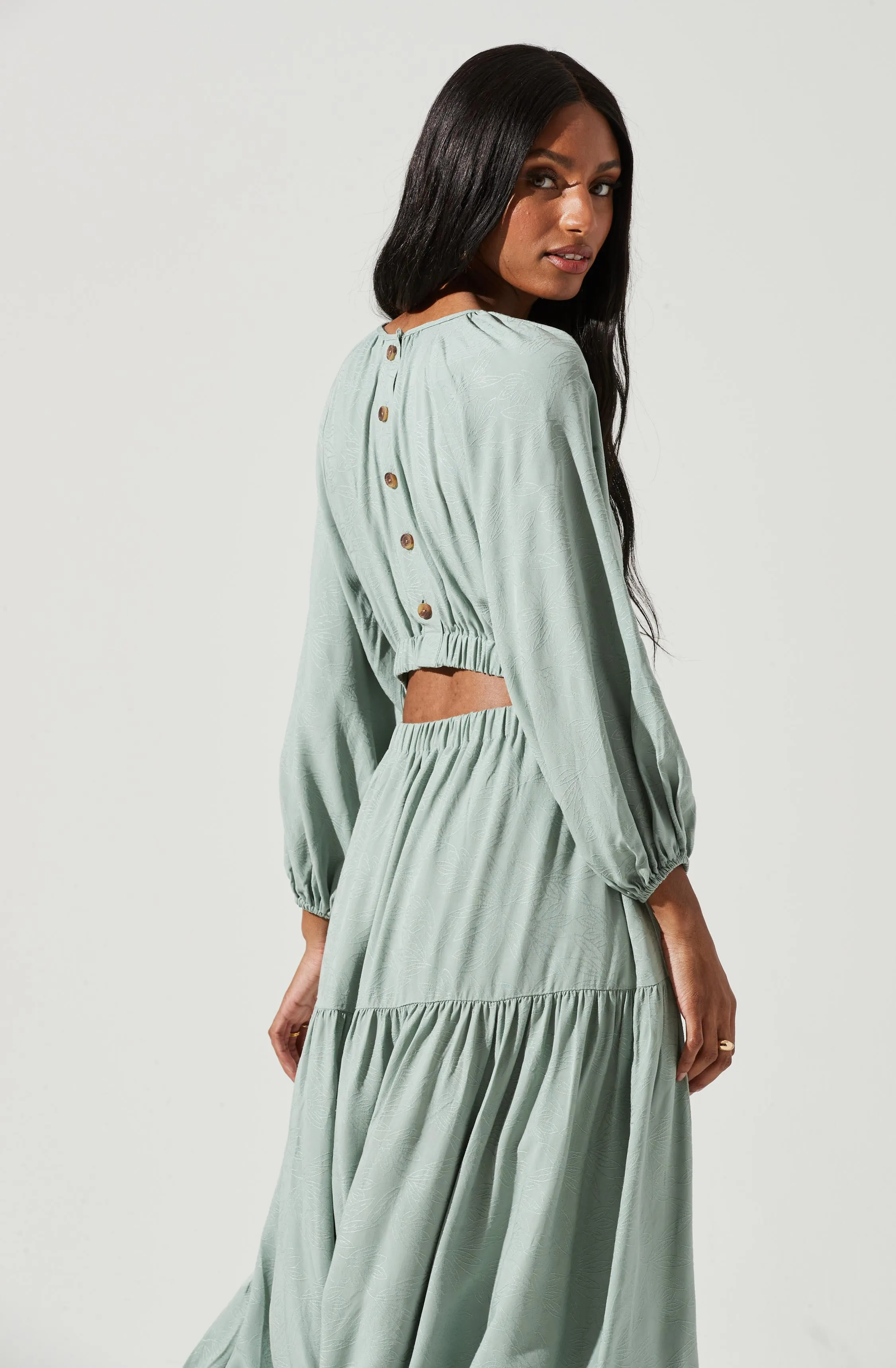 Long Sleeve Cinched Cutout Waist Tiered Midi Dress sold by Astr product image thumbnail 2