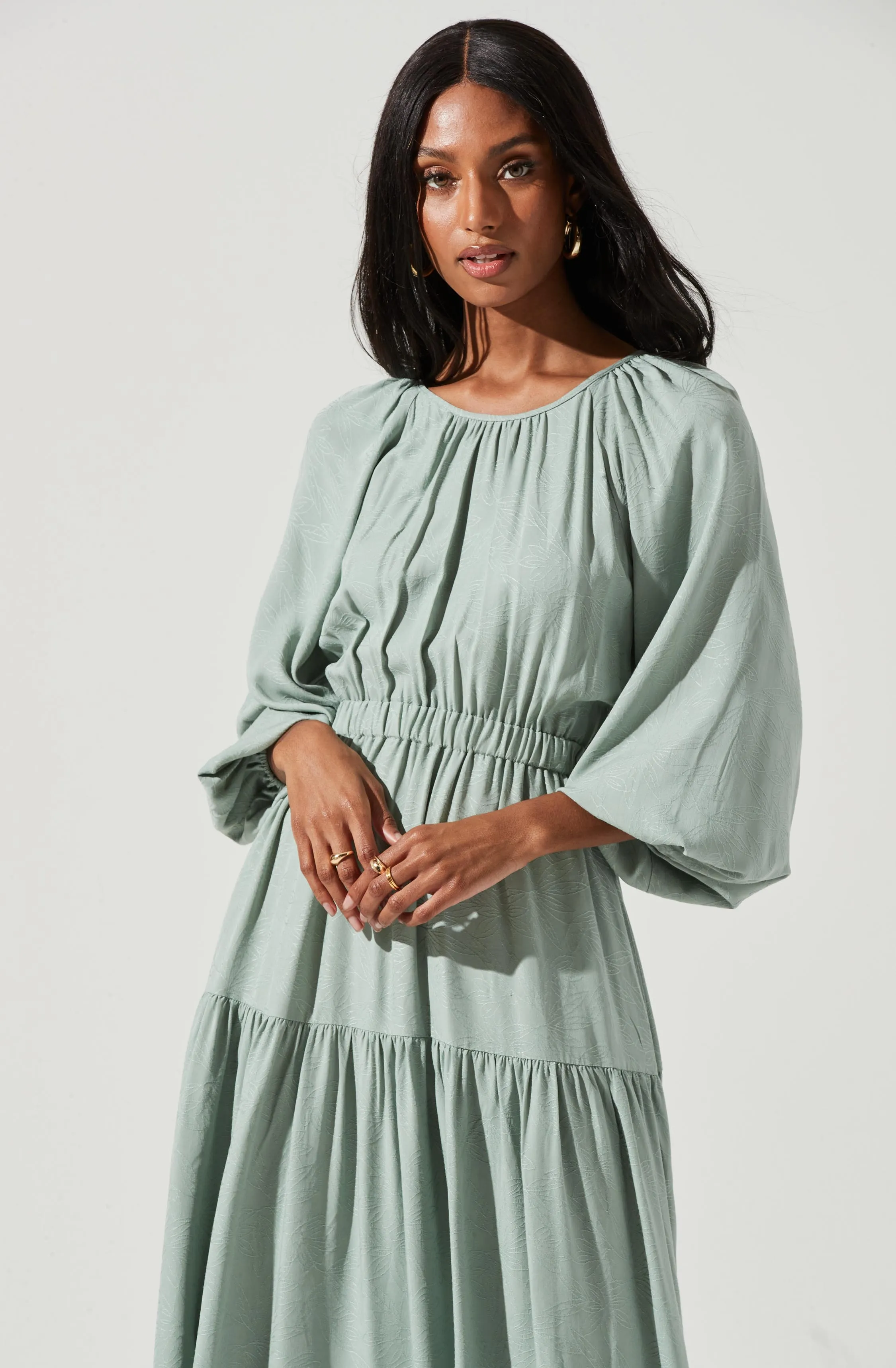 Long Sleeve Cinched Cutout Waist Tiered Midi Dress sold by Astr product image thumbnail 4