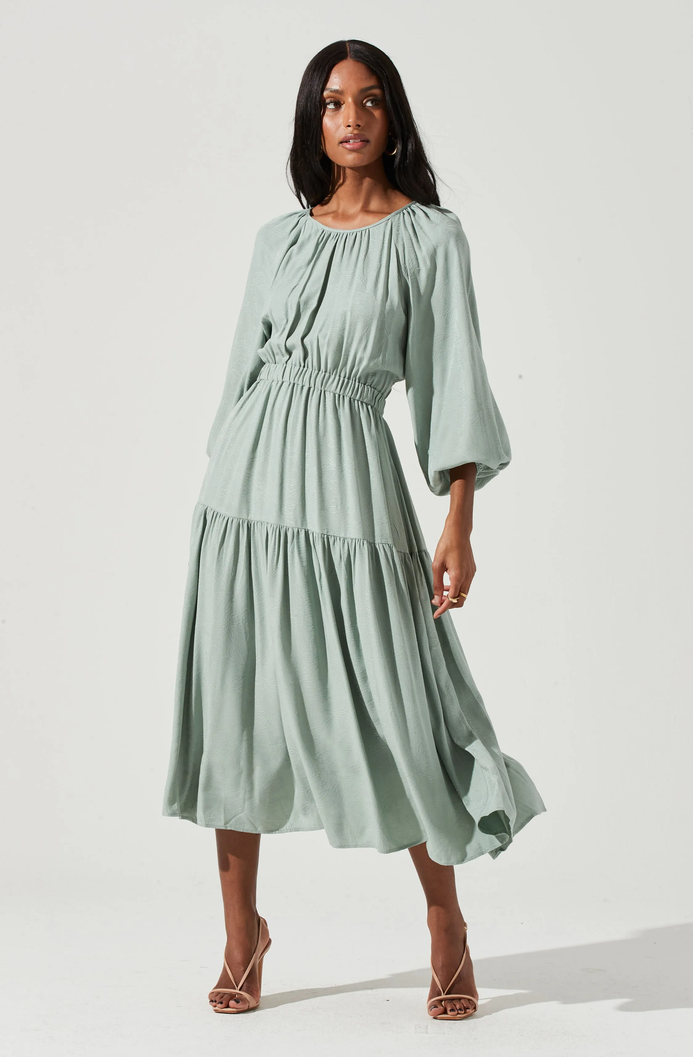Long Sleeve Cinched Cutout Waist Tiered Midi Dress sold by Astr product image thumbnail 5