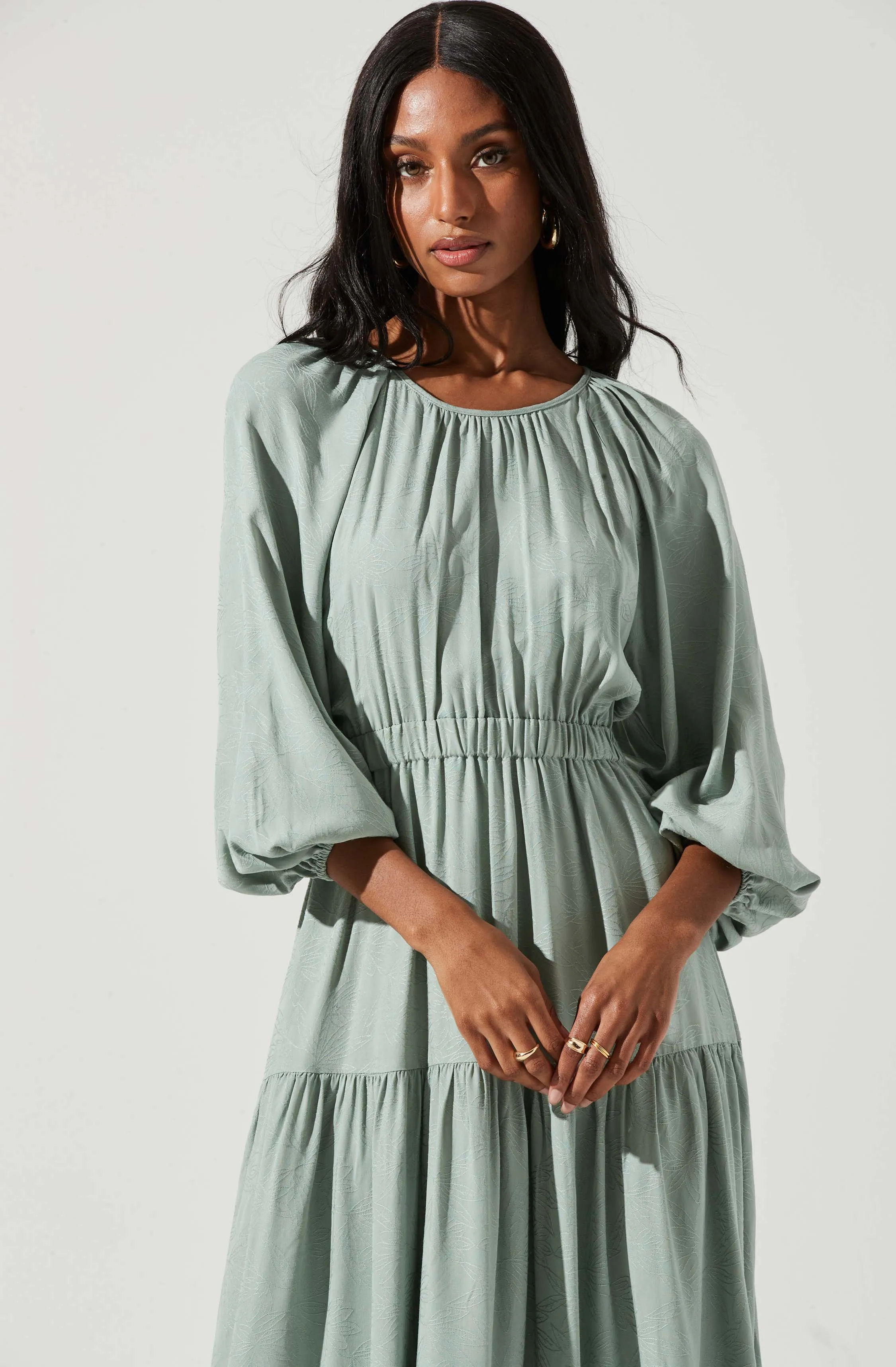 Long Sleeve Cinched Cutout Waist Tiered Midi Dress sold by Astr product image thumbnail 3