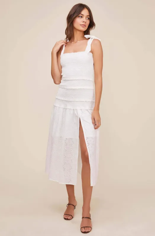 Tessa Smocked Eyelet Midi Dress sold by Astr