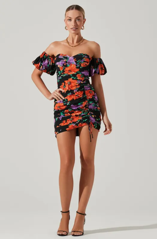 Floral Off Shoulder Ruched Mini Dress sold by Astr
