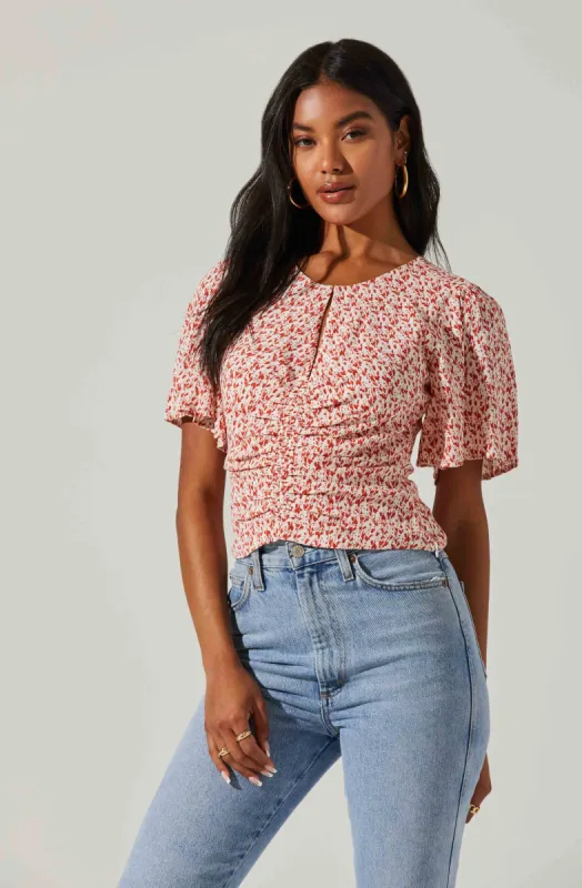 Floral Key Hole Flutter Sleeve Top sold by Astr