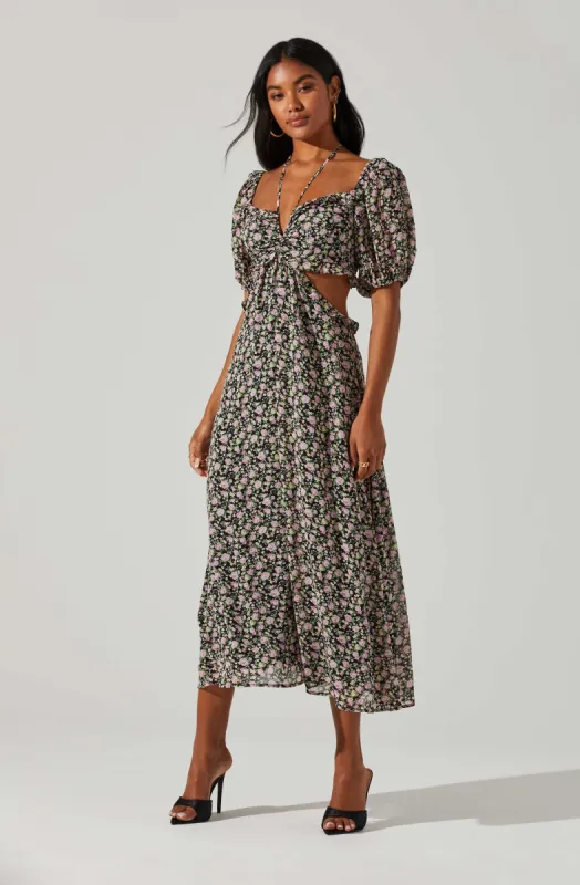 Floral Ruffle Cutout Midi Dress sold by Astr
