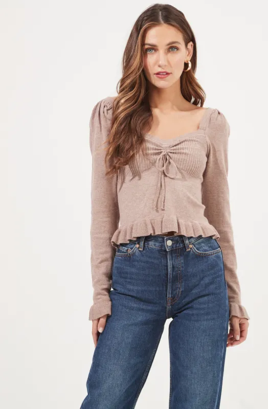 Mattie Cinched Ruffle Trim Sweater sold by Astr