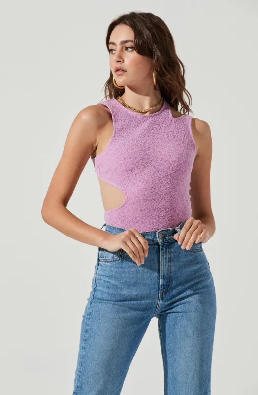 Dixon Sleeveless Cutout Crinkle Bodysuit made by Astr