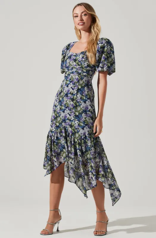 Floral Short Sleeve Asymmetrical Hem Midi Dress sold by Astr