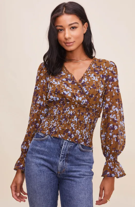 Long Sleeve Smocked Waist Surplice Top sold by Astr