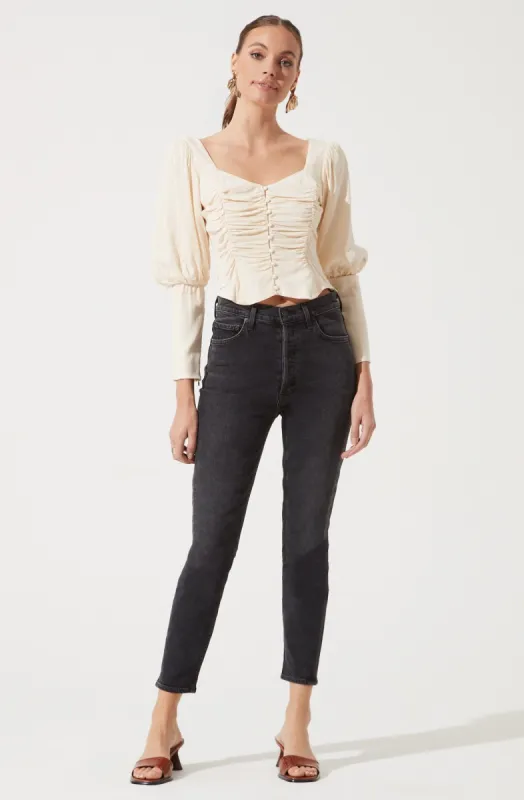 Long Sleeve Ruched Button Front Top sold by Astr