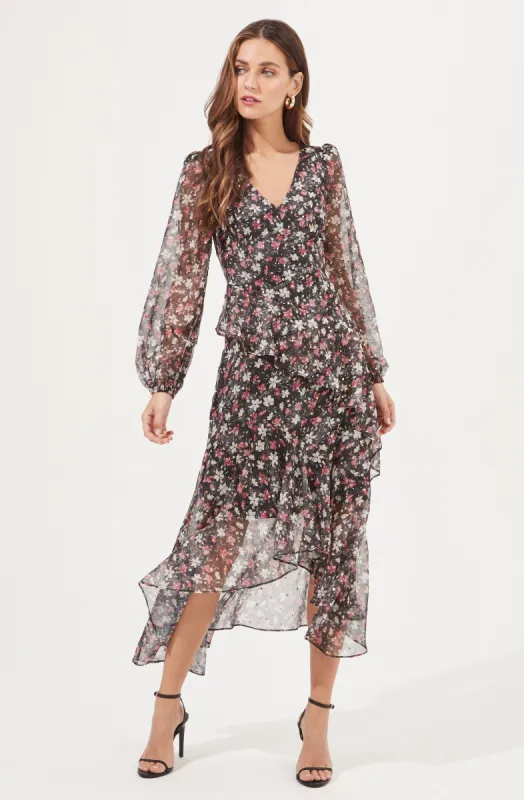 Fairfax Floral Ruffle Tiered Long Sleeve Midi Dress made by Astr