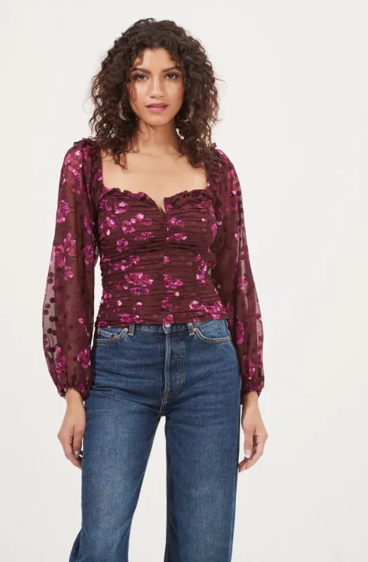 Perkins Ruched Floral Burnout Top made by Astr