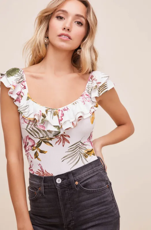Double Ruffle Off The Shoulder Rib Bodysuit made by Astr