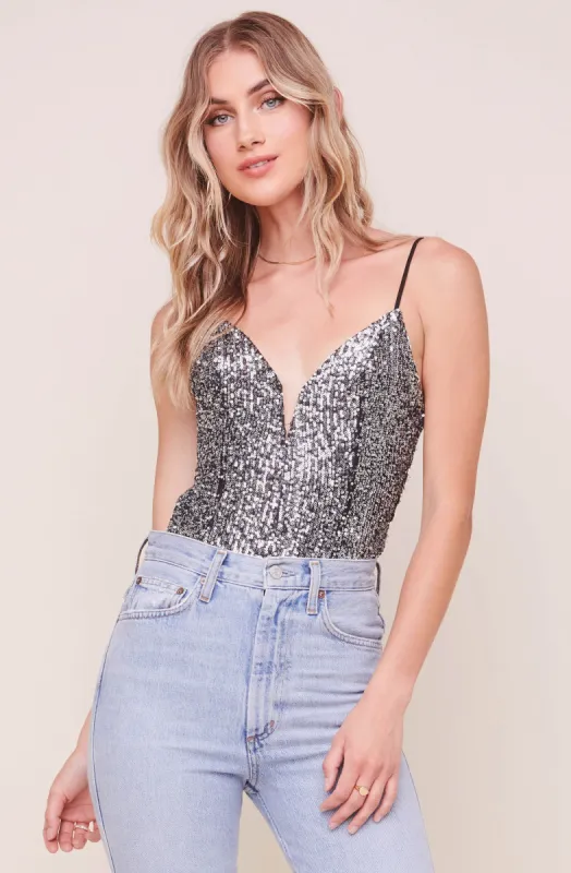 Take the Plunge Metallic Sequin Bodysuit sold by Astr