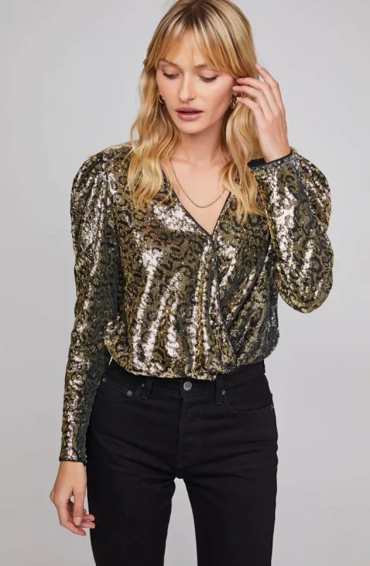 Shimmy Leopard Sequin Bodysuit sold by Astr