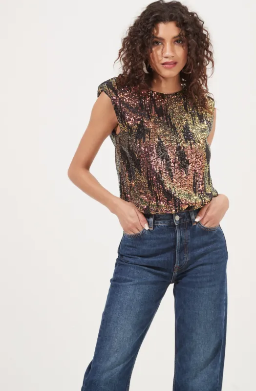 Hollywood Sequin Padded Shoulder Sleeveless Bodysuit sold by Astr