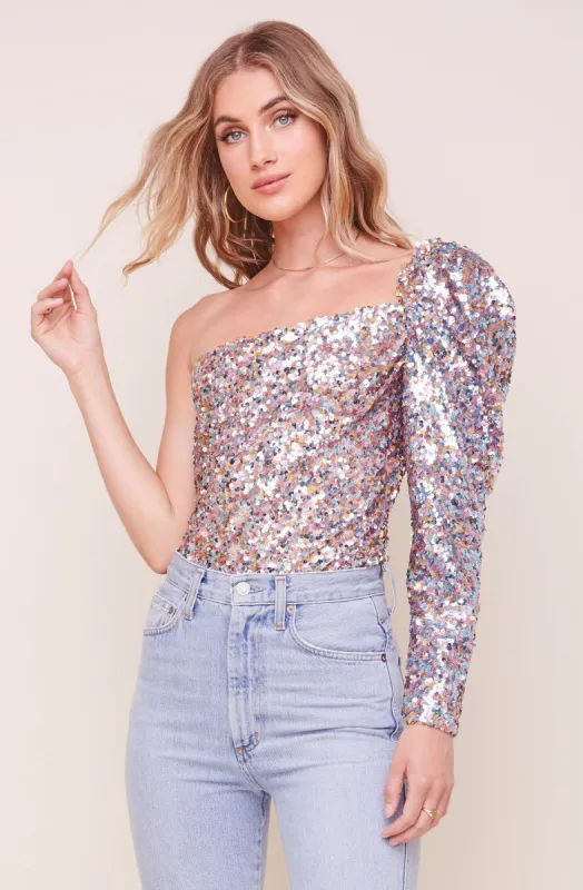 Isolde One Shoulder Sequin Bodysuit sold by Astr