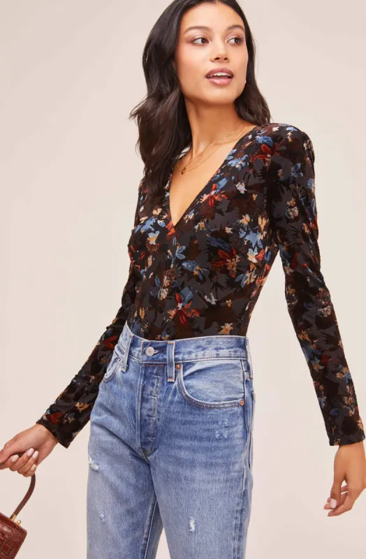 Deep V Floral Burnout Bodysuit sold by Astr