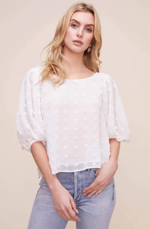 Tie Back Blouson Sleeve Dot Top sold by Astr