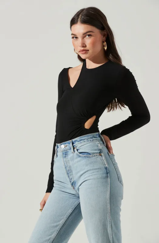 Long Sleeve Asymmetrical Cutout Bodysuit sold by Astr