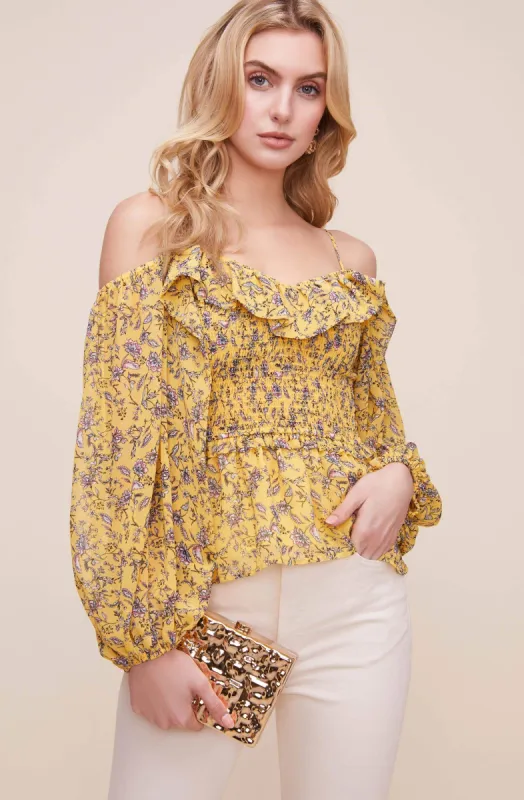 Ruffle Off Shoulder Smocked Floral Top sold by Astr