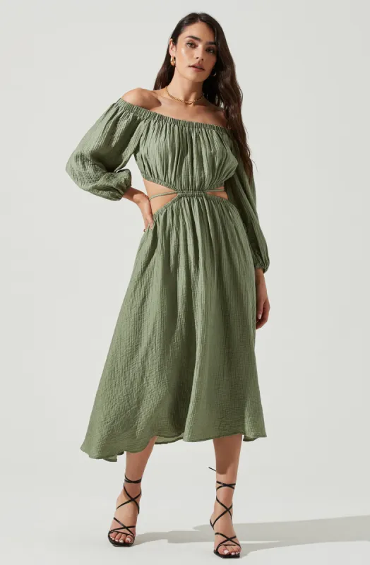 Cassian Off Shoulder Cutout Tie Waist Midi Dress sold by Astr