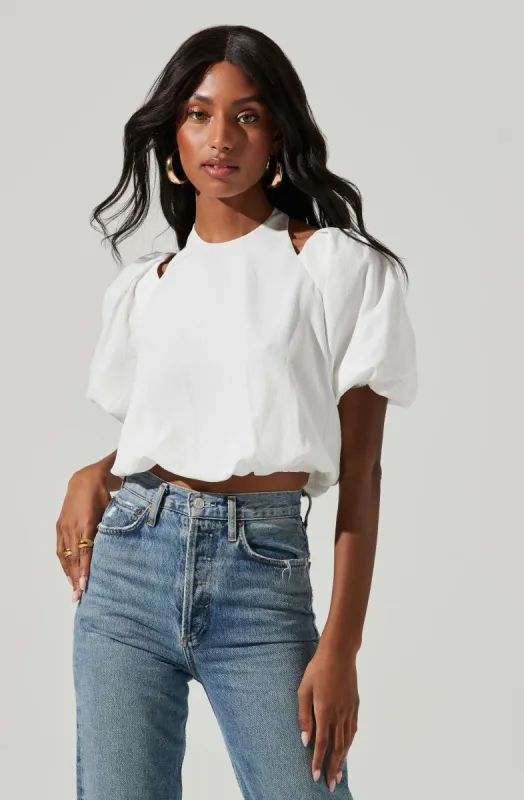Short Sleeve Shoulder Cutout Tie Neck Top sold by Astr