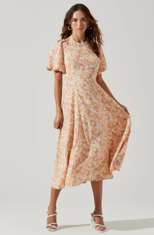 Puff Sleeve Shoulder Cutout Floral Midi Dress sold by Astr