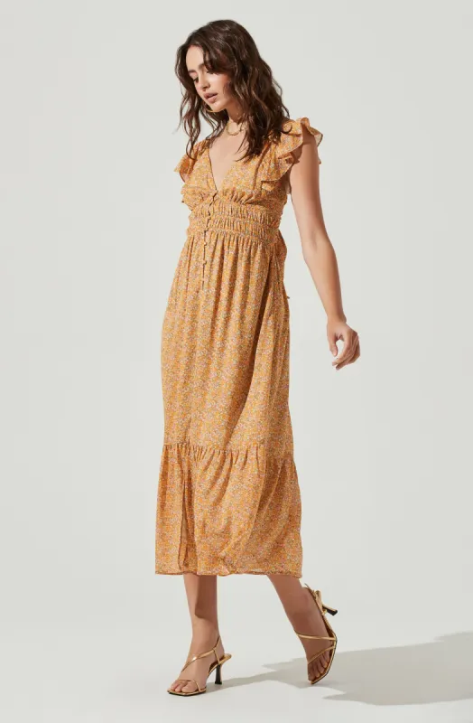 Montreal Floral Ruffle Cutout Midi Dress sold by Astr