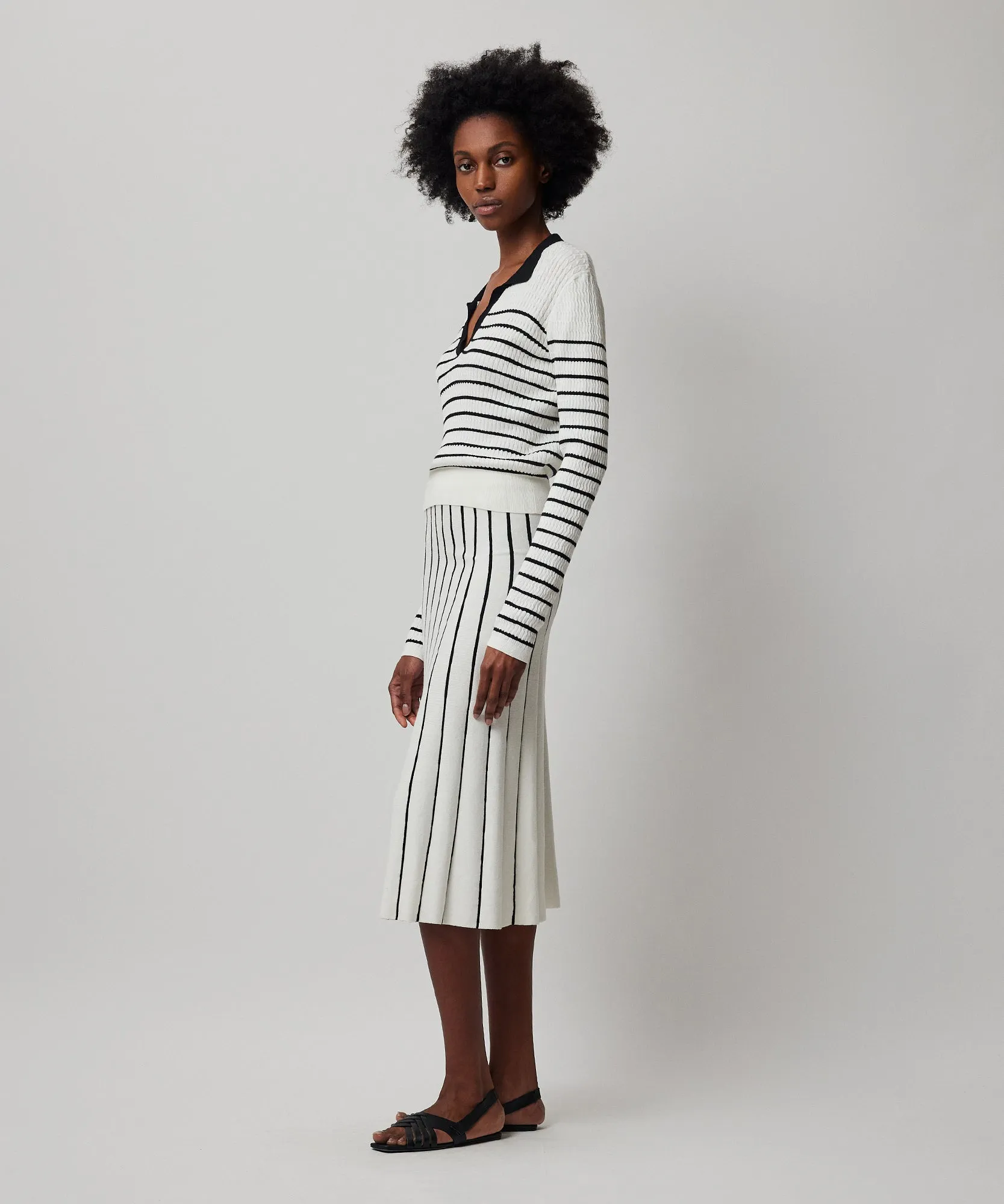 Cotton Cashmere Blend Mixed Stripe Skirt - Chalk-Black sold by ATM Anthony Thomas Melillo