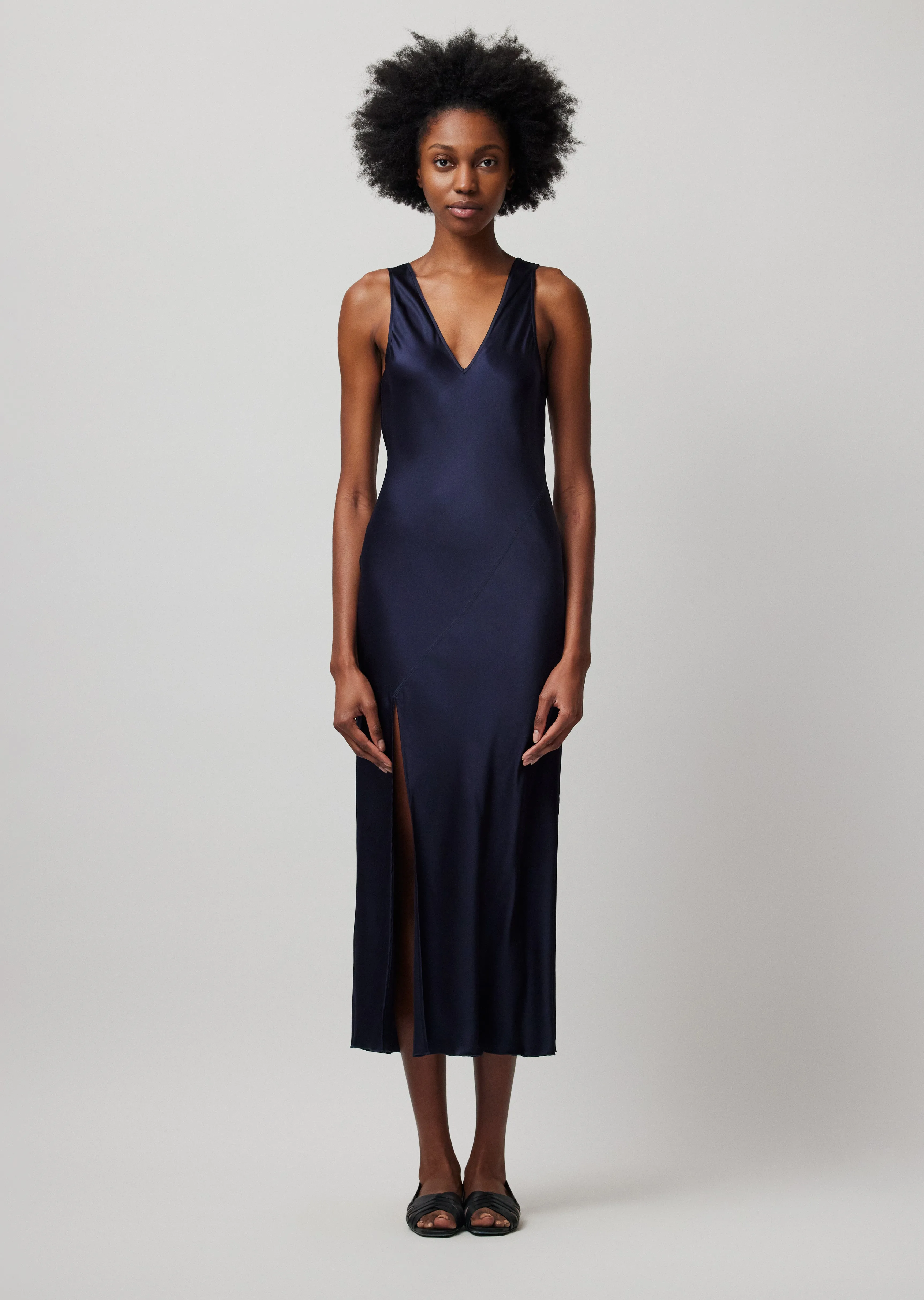 Silk Charmeuse Slit Detail Bias Midi Dress - Ink sold by ATM Anthony Thomas Melillo